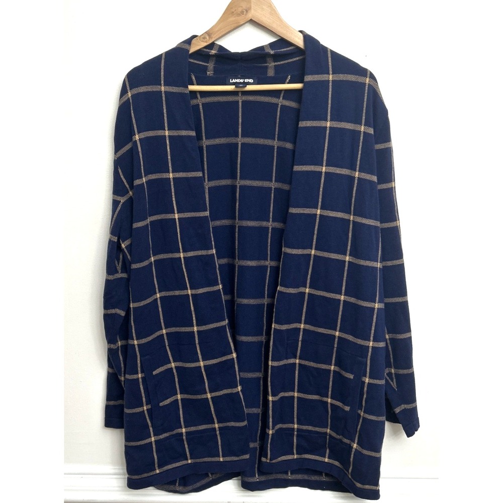 Lands' End Open Front Cardigan Sweater Women's Sz 1X Blue Beige Windowpane Check